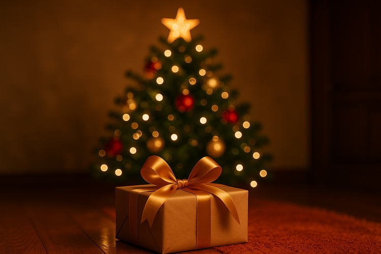 Weihnachtsgeschenk mit goldener Schleife vor festlich geschmücktem Weihnachtsbaum