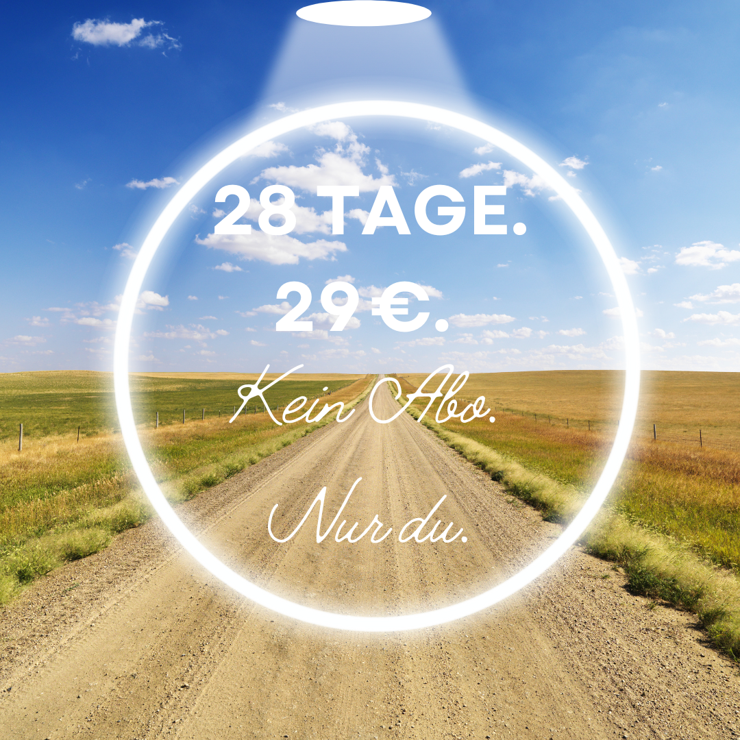 Visual zum E-Mail-Kurs „28 Tage mehr Selbstwert“ – Symbolbild mit Feldweg unter blauem Himmel und Text: 28 Tage. 29 €. Kein Abo. Nur du. Psychologischer Kurs als täglicher Impuls per Mail bei Tomanotas