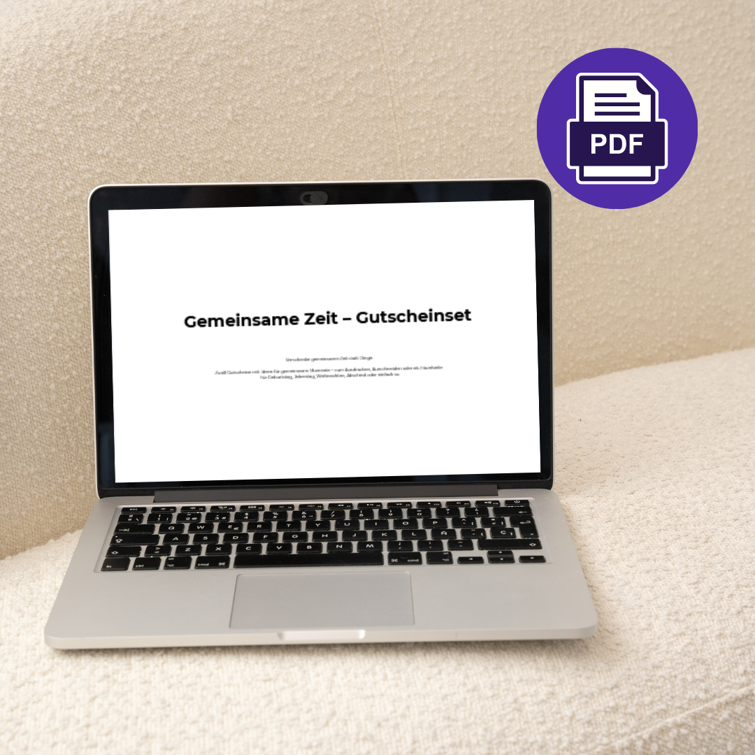 Gemeinsame Zeit – Gutscheinset als PDF zum Ausdrucken, dargestellt auf Laptop mit PDF-Symbol
