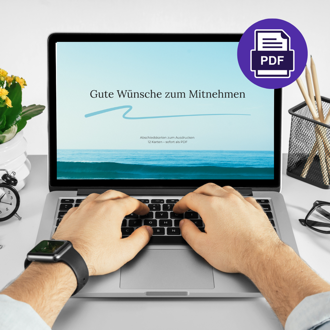 PDF-Abschiedskarten Gute Wünsche zum Mitnehmen auf einem Laptop-Bildschirm – digitales Produkt zum Ausdrucken
