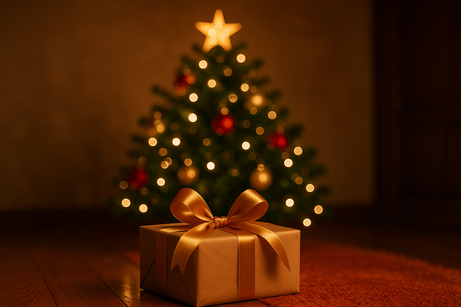 Weihnachtsgeschenk mit goldener Schleife vor festlich geschmücktem Weihnachtsbaum