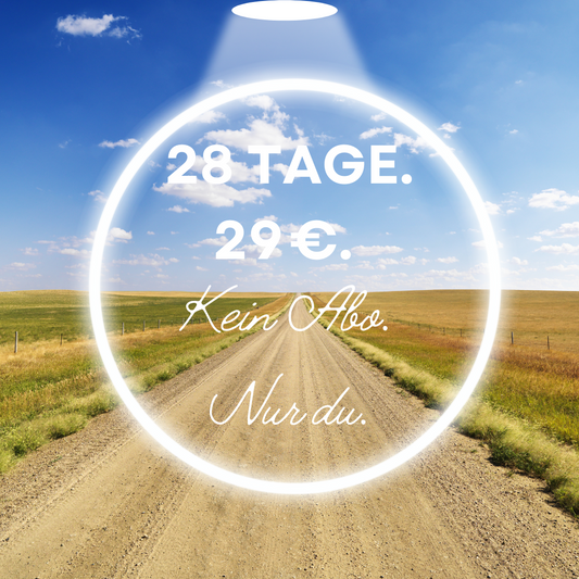 Visual zum E-Mail-Kurs „28 Tage mehr Selbstwert“ – Symbolbild mit Feldweg unter blauem Himmel und Text: 28 Tage. 29 €. Kein Abo. Nur du. Psychologischer Kurs als täglicher Impuls per Mail bei Tomanotas
